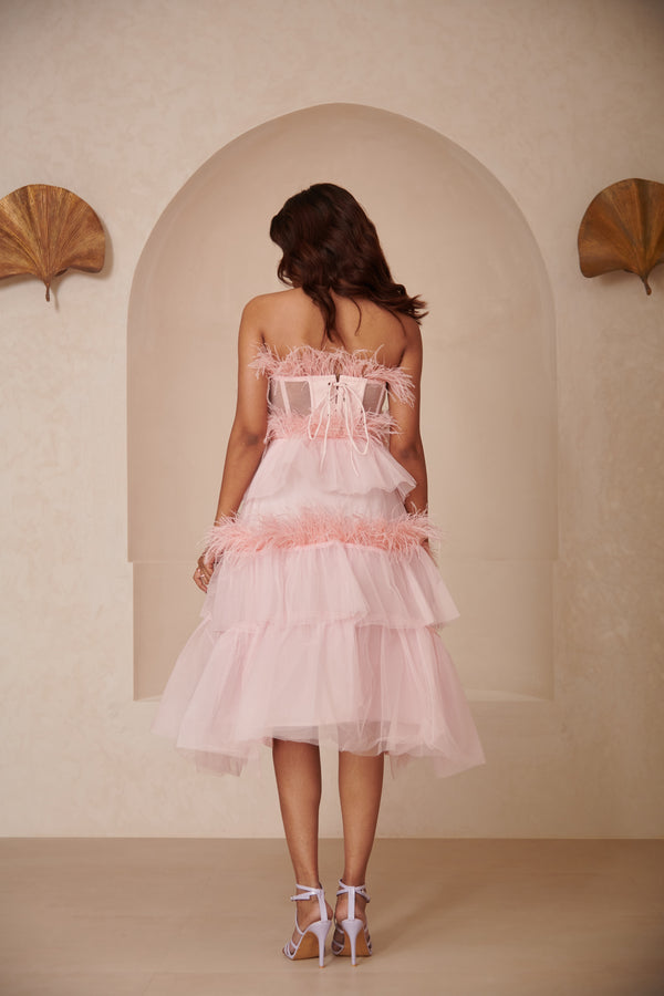Aiko Pink Feather Ruffled Corset Midi Dress