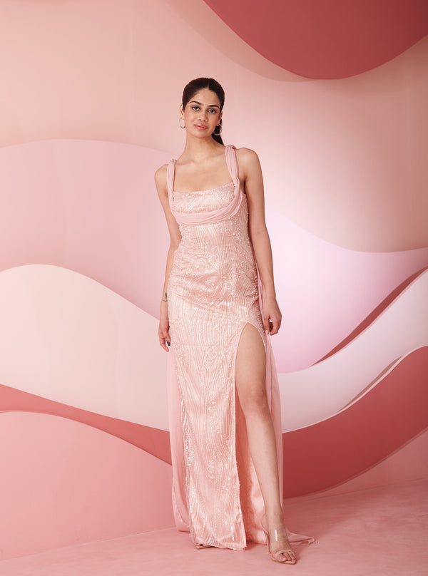 Ailani Baby Pink Embroidered Slit Gown