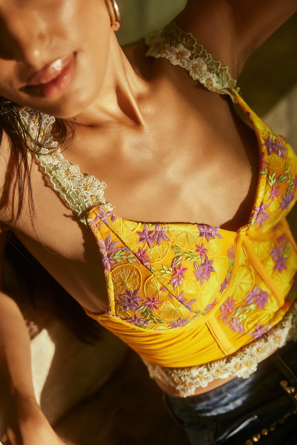 Buy Our Lemon Yellow Embroidered Longline Corset Bra