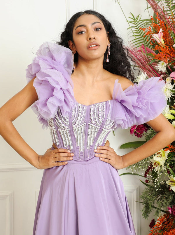 Buy Lavender Ruffle Sleeve Hand Embroidered Corset Blouse Online